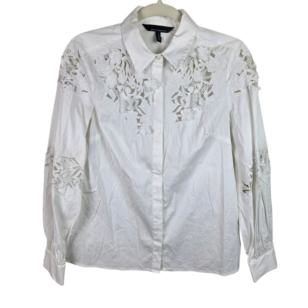 White House Black Market Button Down Women 6 White Excellent Floral Eyelet Lace